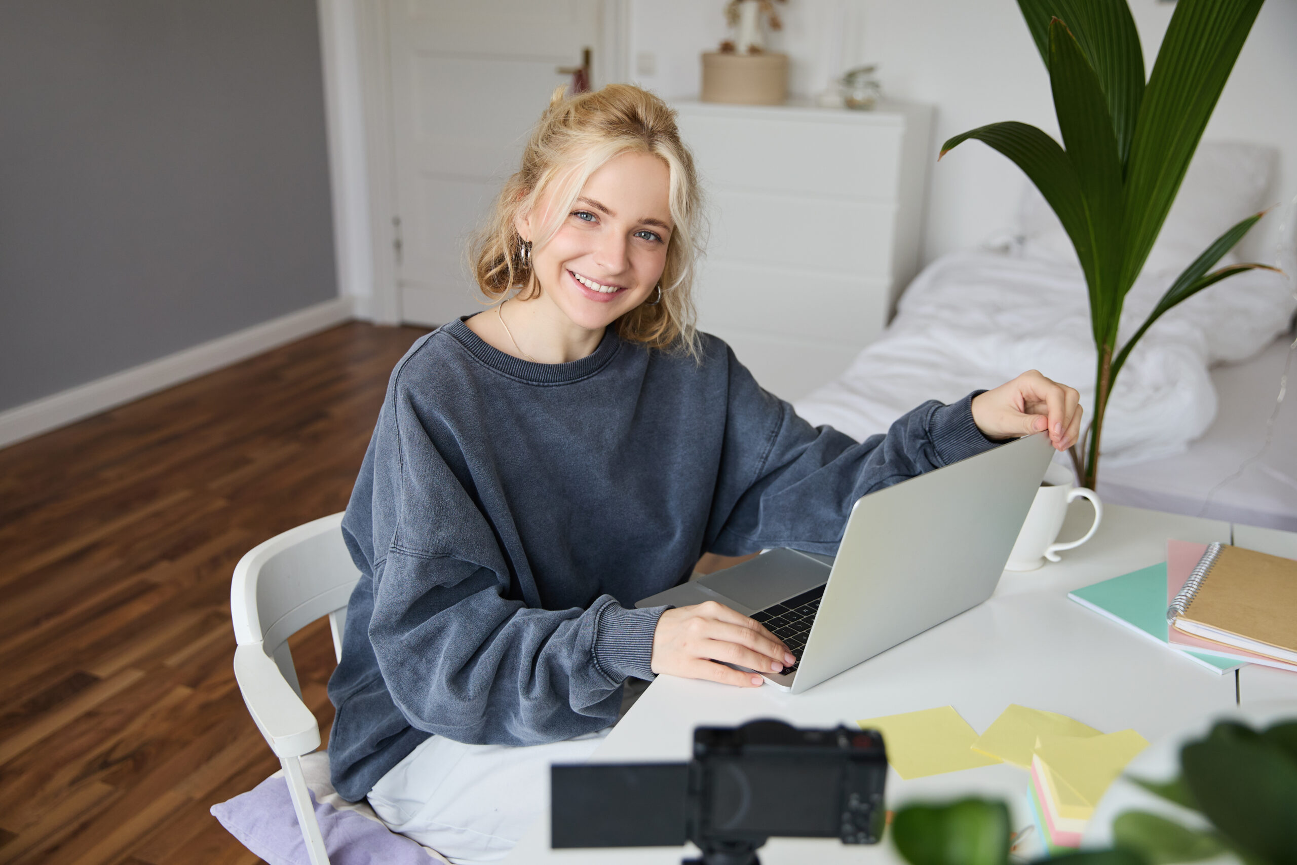 portrait young beautiful woman social media influencer recording video tutorial lifestyle vlog scaled